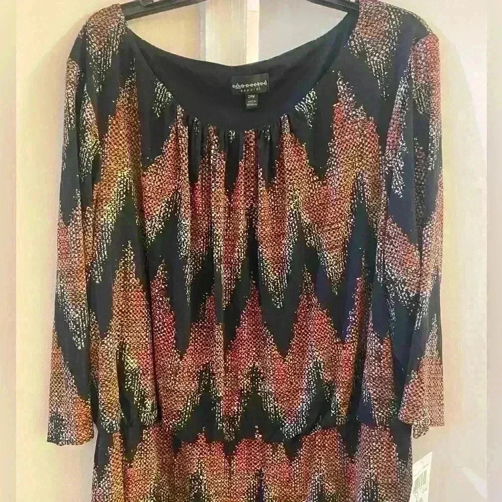 Connected‎ Apparel black/cinnamon midi length long sleeves dress. 24W. NWT